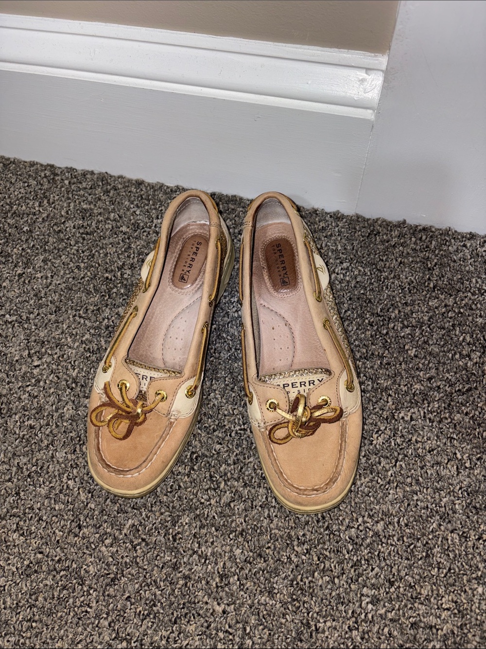 Sperry Women's Tan and Beige Leather Boat slip ons.